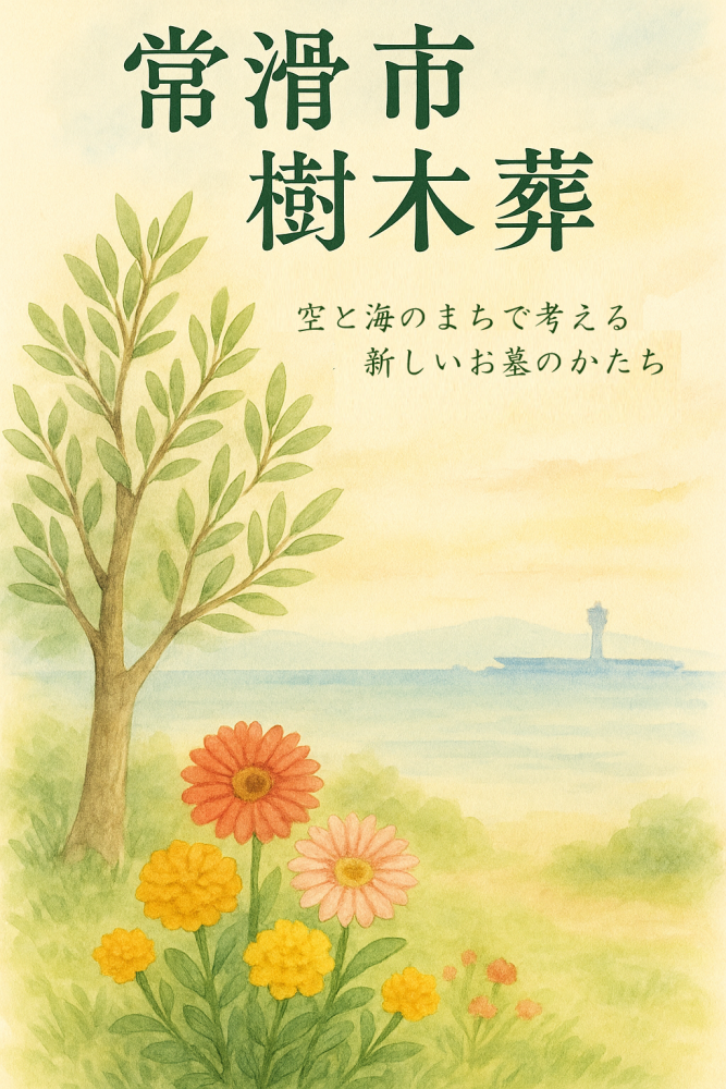 常滑市の海と空を背景にした樹木葬のイメージイラスト