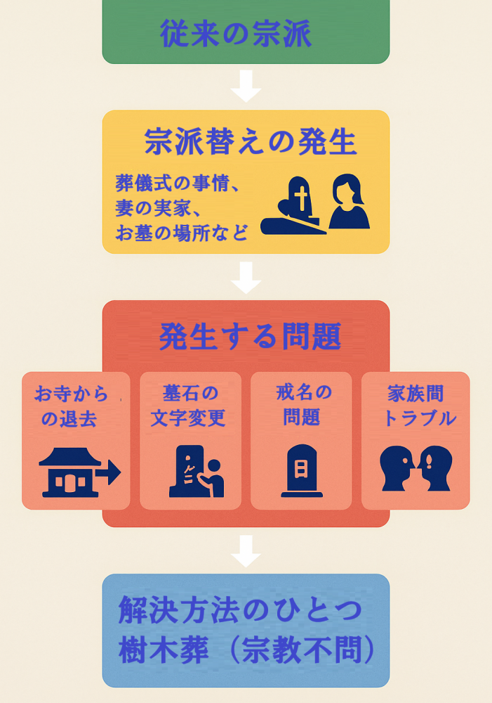 宗派替えトラブル解決フローチャート-樹木葬メリット説明図