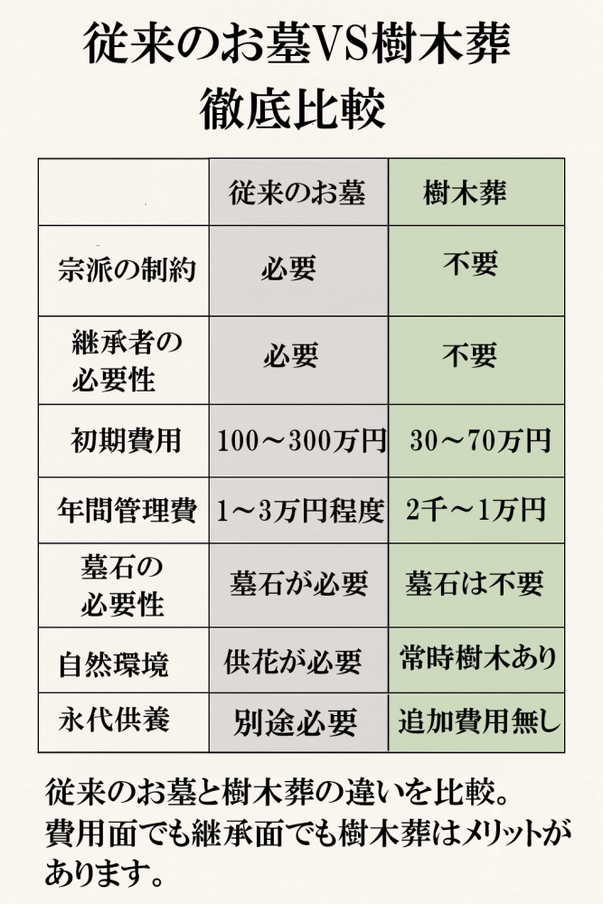 従来のお墓と樹木葬の比較表-蒲郡市樹木葬メリット
