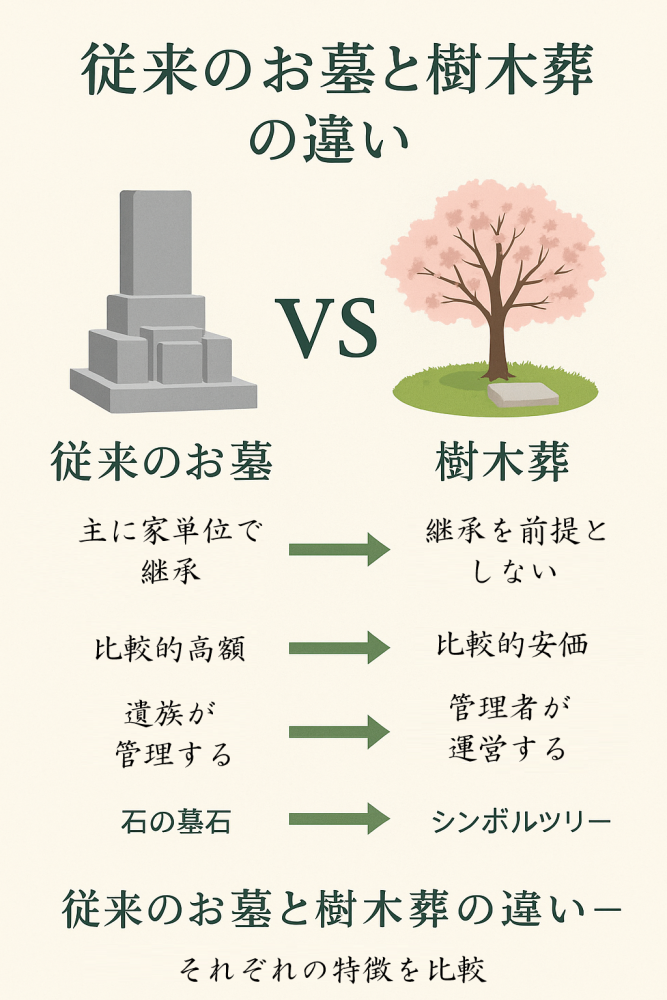 従来墓石と樹木葬の比較図表 特徴と違いの説明