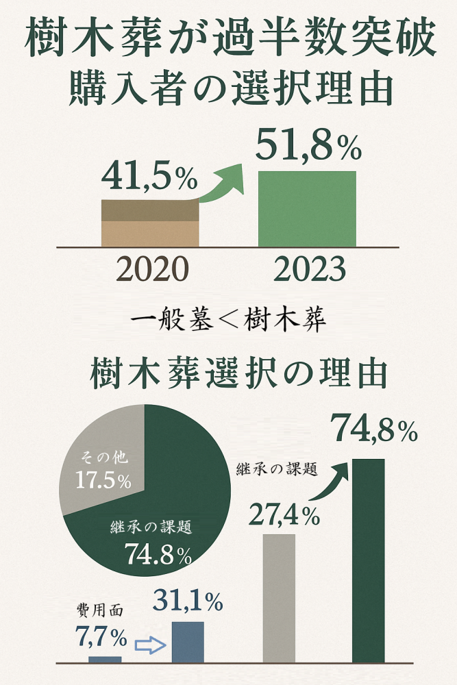 樹木葬シェア率グラフ、2023年51.8%、継承課題74.8%が選択理由、西尾市吉良町