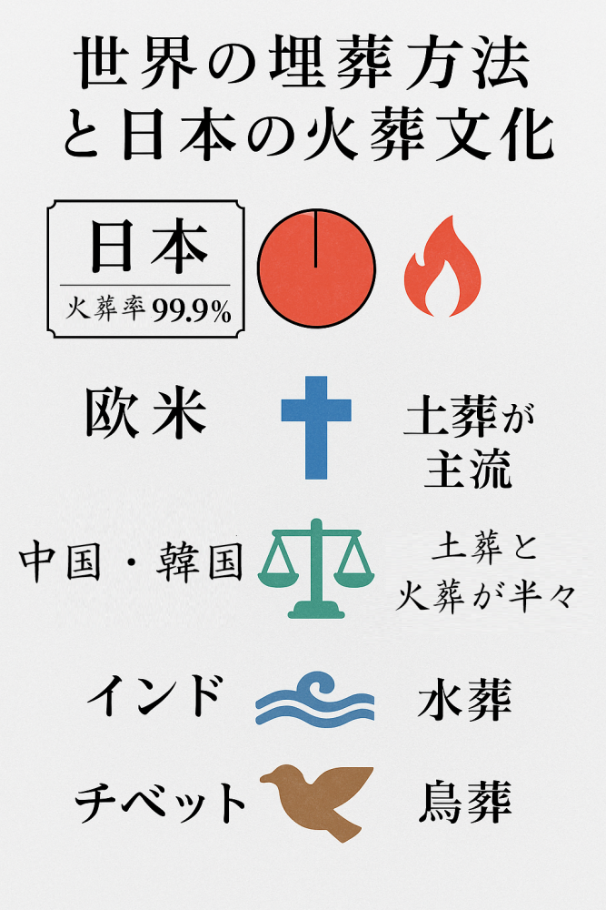 世界の埋葬方法比較図表、日本の火葬文化、土葬、水葬、鳥葬の説明、西尾市吉良町樹木葬