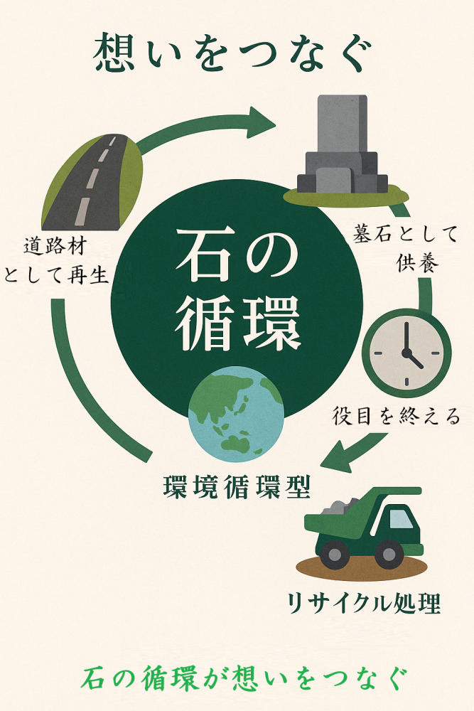 墓石が役目を終えた後、リサイクルされて道路材として再生される循環プロセスを示した図