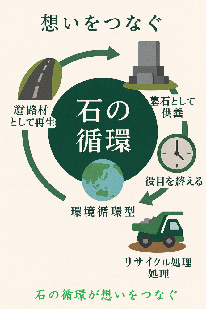 墓石が役目を終えた後、リサイクルされて道路材として再生される循環プロセスを示した図