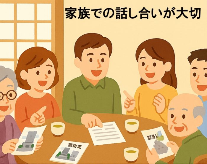 田原市の墓じまいについて話し合う3世代家族 | 家族での相談の重要性を表すイラスト