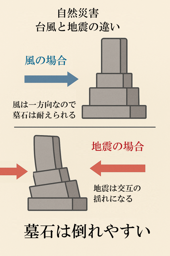 墓石が風に耐え、地震に弱い理由を示した図解。石材店の技術が重要。