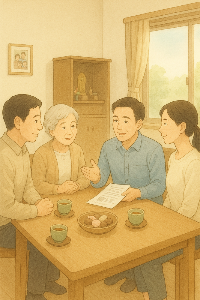 家族がリビングでお墓の継承について話し合っている温かい雰囲気のイラスト
