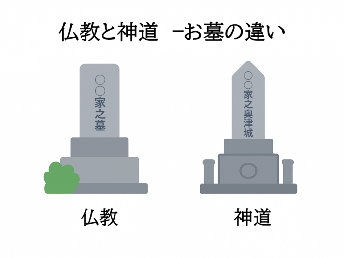 仏教と神道のお墓の違いを示す比較図、竿石の形状や正面文字の違い