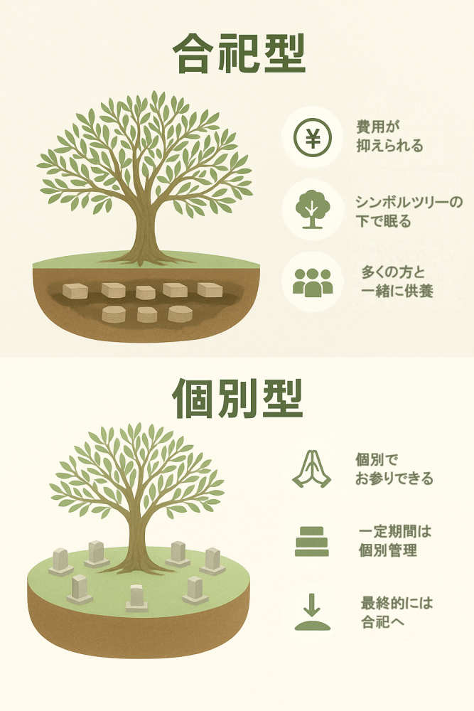 樹木葬の合祀型と個別型の違いを説明する比較図。それぞれの特徴が視覚的に分かりやすく示されている