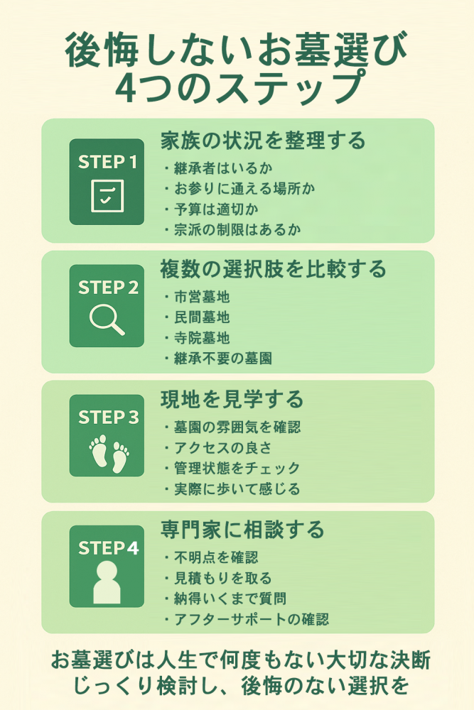 お墓選びの4ステップガイド。家族の状況整理、選択肢の比較、現地見学、専門家への相談の流れを図解