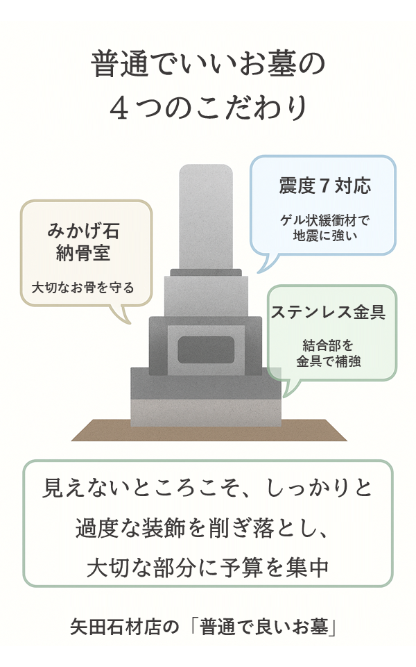 普通でいいお墓の構造説明図 地震対策と品質へのこだわりを図解