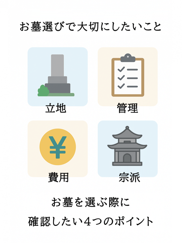 お墓選びのチェックポイント、立地・管理・費用・宗派の4項目を図解