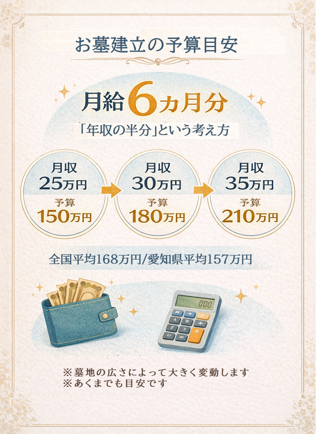 お墓建立の予算目安 - 月給6ヶ月分、全国平均168万円、愛知県平均157万円