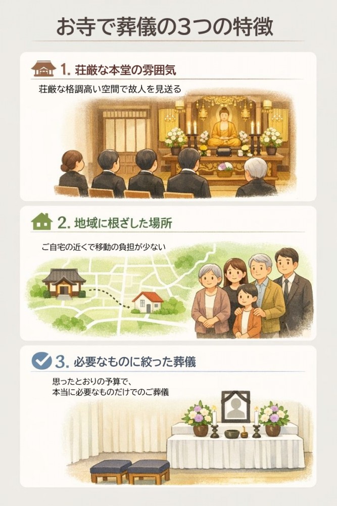 お寺での葬儀の3つの特徴を示すイラスト。荘厳な雰囲気・地域密着・シンプルな形式