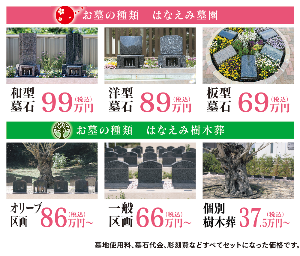 板型墓石69万円、洋型墓石89万円、和型墓石99万円、オリーブ区画86万円、一般区画66万円、個別樹木葬37.5万円