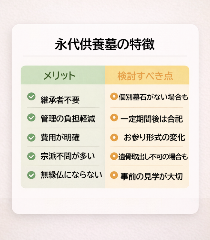 「永代供養墓のメリットと検討すべき点を比較した表。継承者不要などのメリットと、合祀後の遺骨取出し不可などの検討点を整理」