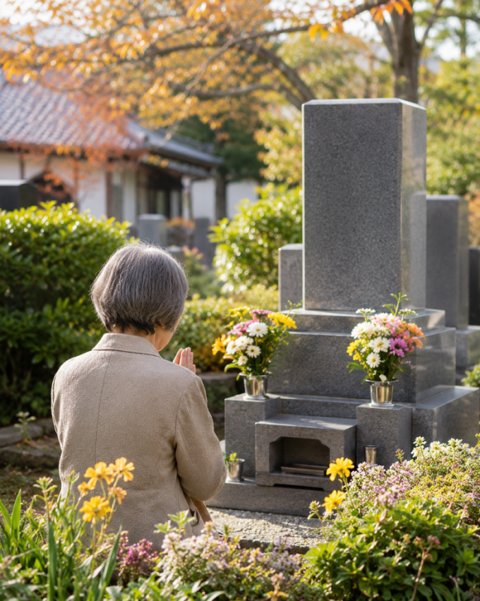  秋の日差しの中、花に囲まれた墓地で静かに手を合わせる女性の後ろ姿。感謝と安らぎのある情景