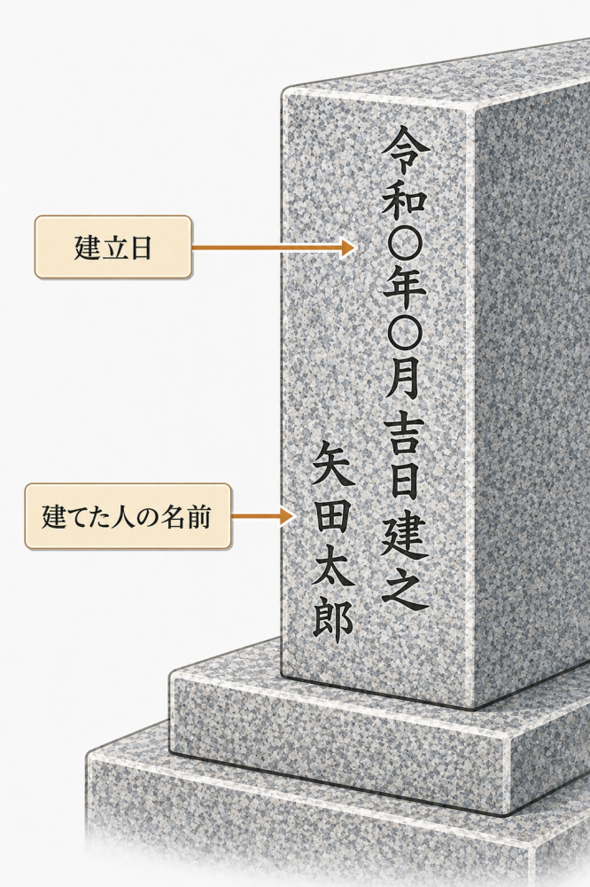 墓石側面の建立日刻字の解説図。令和○年○月吉日建之と建立者名が刻まれた例。各要素に矢印と説明が添えられている。
