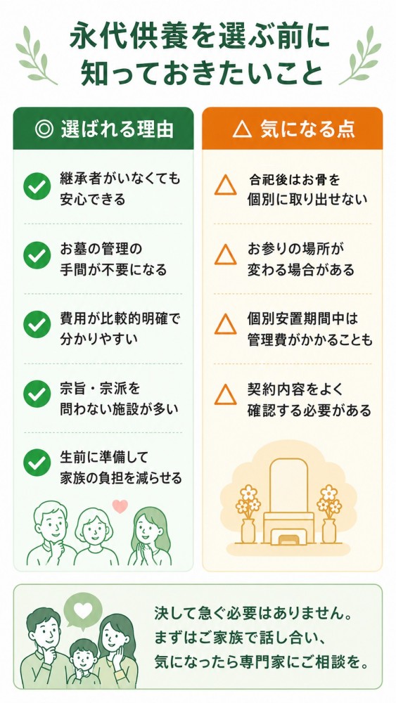 永代供養のメリットと気になる点を並べて比較したインフォグラフィック。