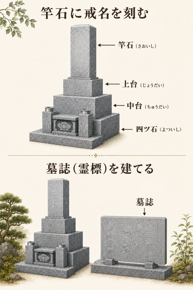 和型墓石の構造図。竿石・上台・中台・四ツ石のパーツ名と、墓誌の設置例を解説したイラスト。