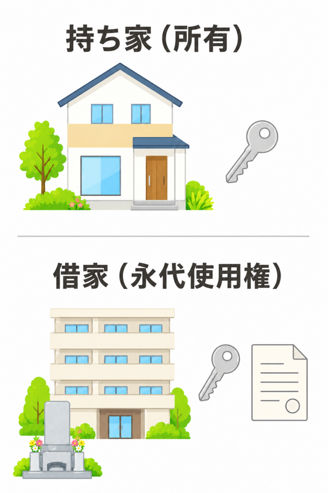 持ち家と借家を比較したイラストで永代使用権の仕組みを説明する図解