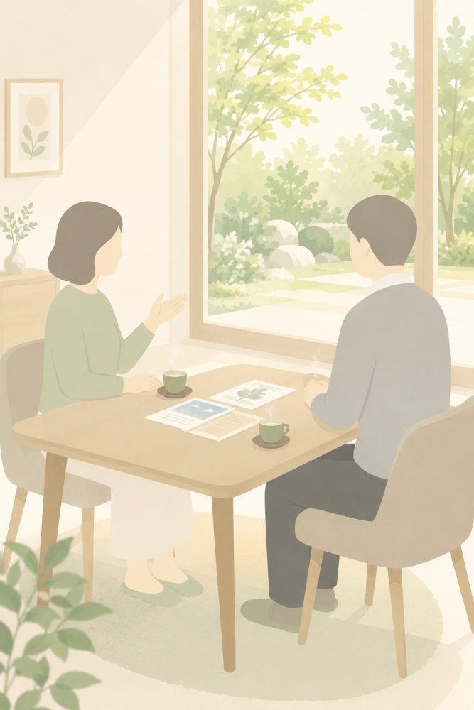 相談者と専門家が向かい合って話している様子のイラスト