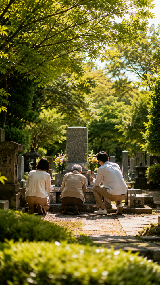 日本の墓地で家族が一緒にお墓参りをしている穏やかな情景。墓石に花を供える様子と緑豊かな境内の風景。