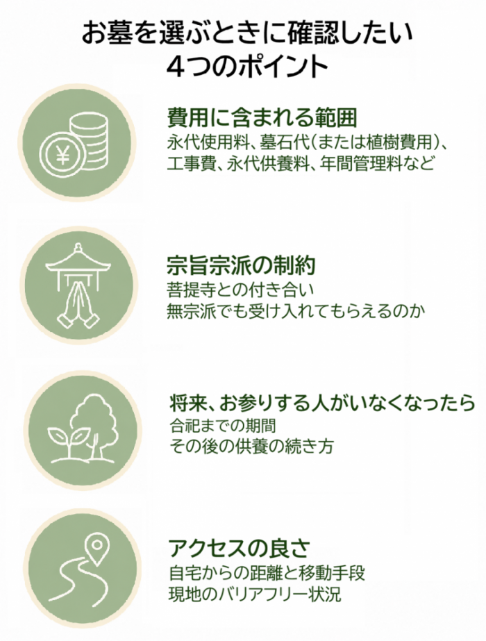 お墓選びで確認すべき費用・宗旨宗派・将来の供養・アクセスの4つのポンとを示すアイコン