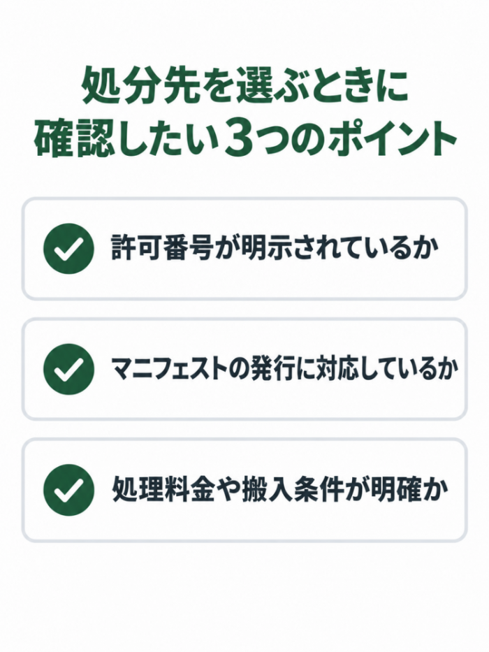 産業廃棄物処分先を選ぶ際の確認ポイントを示すチェックリスト