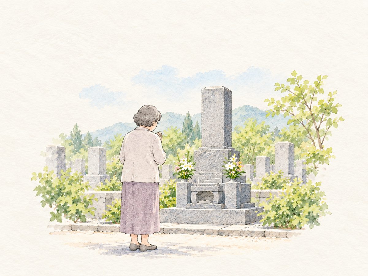 お墓の前で静かに手を合わせる女性の後ろ姿（水彩の挿絵）