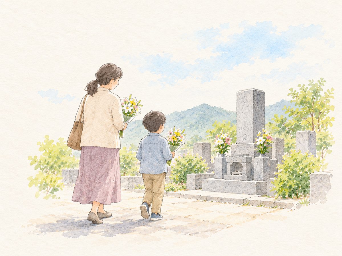 お花を持ってお墓参りに向かう母と子（水彩の挿絵）
