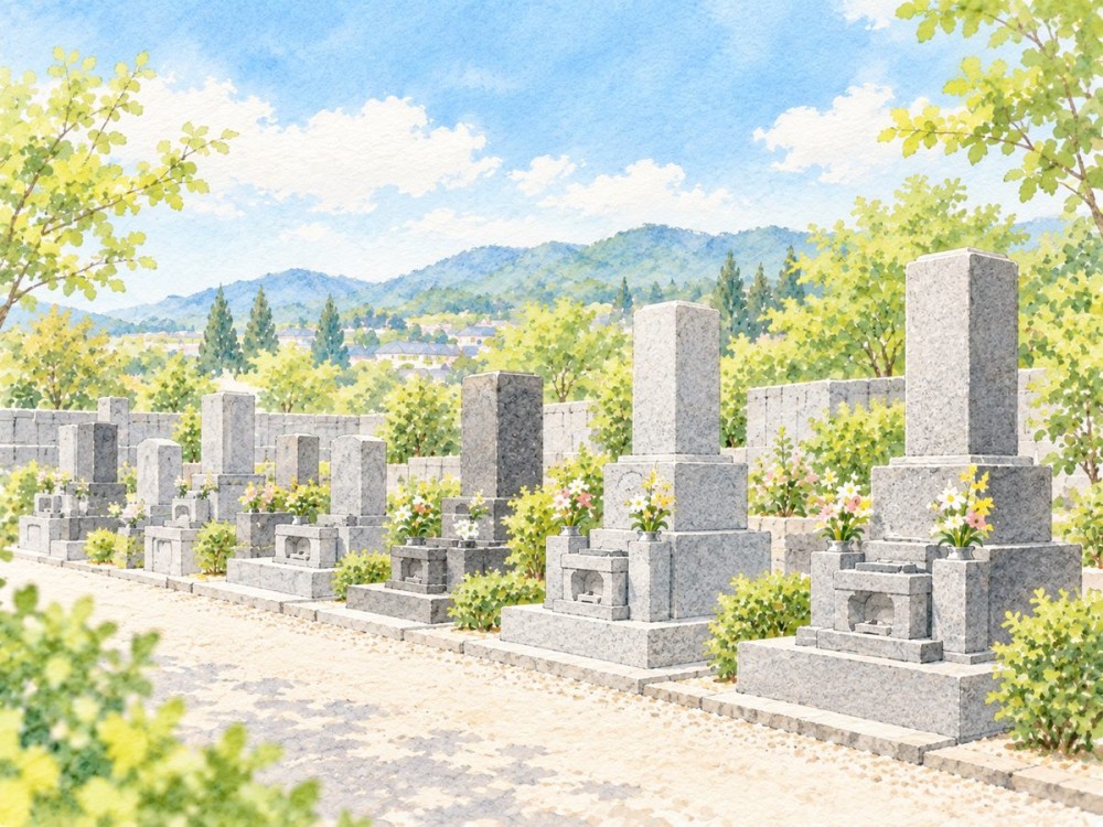 木々に囲まれた墓地に並ぶ和型墓石（水彩の挿絵）