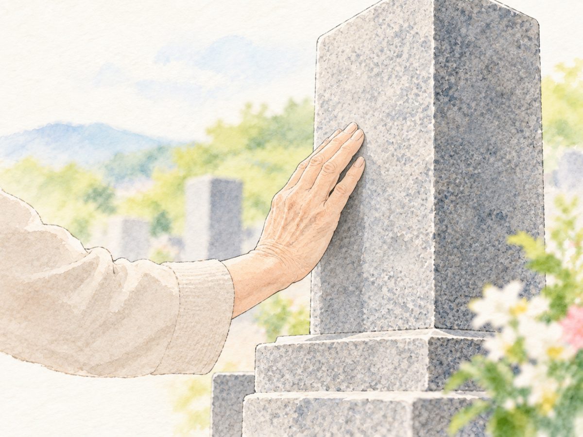 墓石にそっと手を触れる手元（水彩の挿絵）