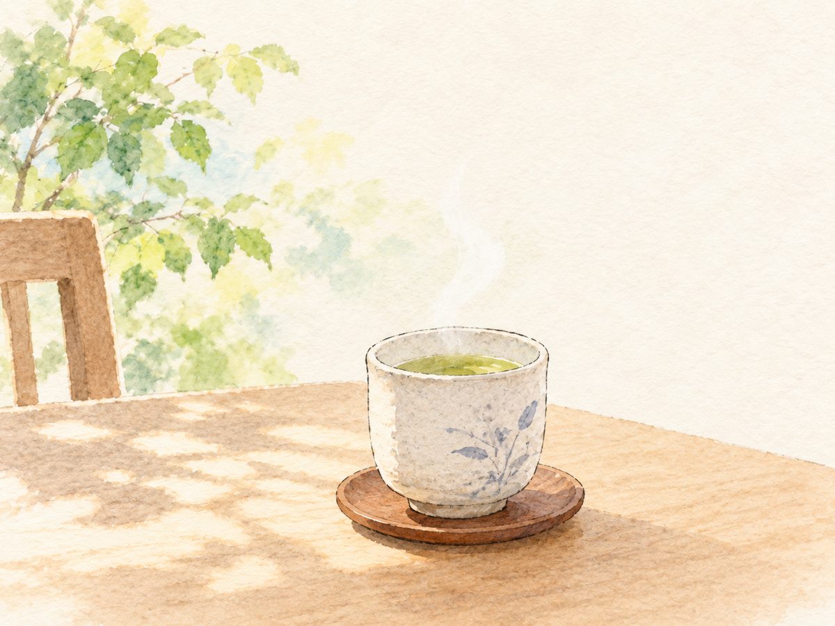 木漏れ日のテーブルに置かれた湯気の立つ湯呑み（水彩の挿絵）